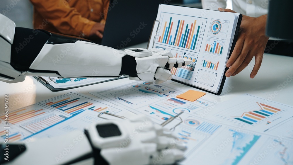 Poster a futuristic robot assistant is engaging in data analysis, showcasing various charts and graphs in a