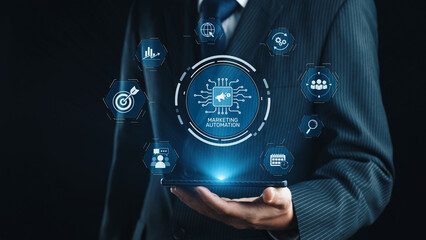 Marketing automation diagram showcase AI-driven campaign workflow, highlight marketing automation,...