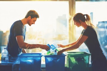 A couple diligently sorts recyclables into different bins, a sustainable practice.