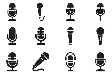 set of Old Style Mic Silhouette icon for Podcast or Radio Silhouette, Microphone vector icon set. Microphones audio podcast vector icons. Microphone  Illustration Icons. eps 10