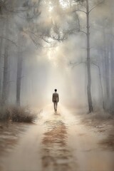 A man walking down a dirt road in a foggy forest