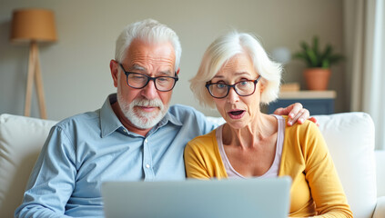 the surprised face of an elderly couple, a man and a woman, reading a document on a laptop