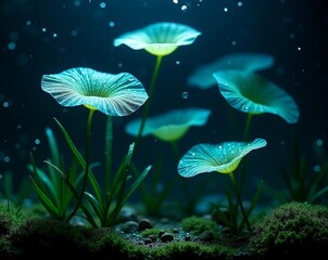Blue waterscape with underwater plants and flowers, science fiction landscape for wallpaper
