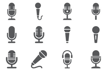 set of Old Style Mic Silhouette icon for Podcast or Radio Silhouette, Microphone vector icon set. Microphones audio podcast vector icons. Microphone  Illustration Icons. eps 10