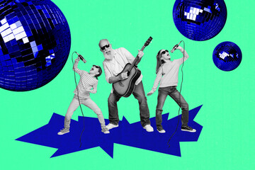 Trend artwork sketch montage 3D collage of family music band aged man play guitar two girl sing...