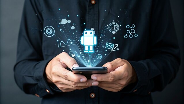 Person using smartphone, displaying a digital robot and network icons, symbolizing mobile app development or AI integration.