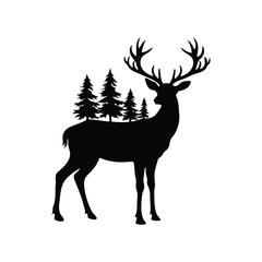 Majestic Deer Silhouette with Evergreen Trees on Back Against White Background