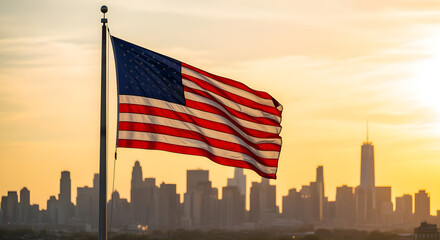 American Flag Sunset Cityscape