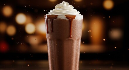 chocolate milkshake with whipped cream and condensation