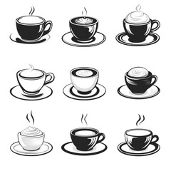 Obraz premium Variety of stylish coffee cups with steaming beverages in different designs and colors cutout isolated on transparent bg, png