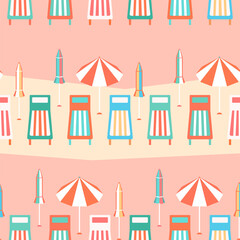 Seaside beach vacation vector seamless pattern. Colorful striped parasols, sun loungers in a row on cute pink background. Fun playful coastal holidays repeat design. Summer sunny island resort tile