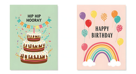 Birthday Cards: Cake, Rainbow, Balloons