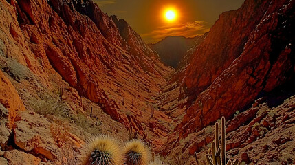 Sun sets over a deep canyon, surrounded by terracotta-colored mountains and desert plants