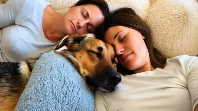 Two women cuddling with dog under blanket while sleeping peacefully indoors