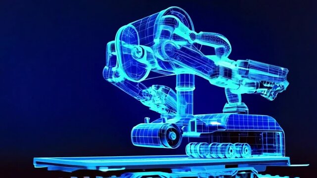 Technical wireframe of robotic arm in blue with mechanical detail on dark background