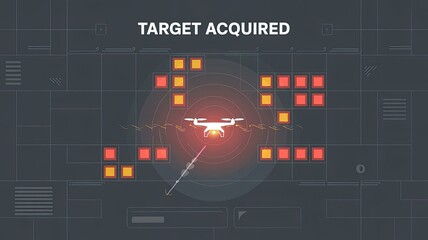 Drone Target Lock: A drone locks onto its target, displayed on a high-tech grid, evoking a sense of precision and technological advancement.