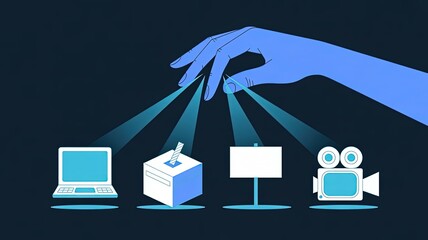 Empowering Media Control: A symbolic representation of a blue hand strategically illuminates a laptop, voting box, signboard, and video camera, suggesting media access, digital influence.