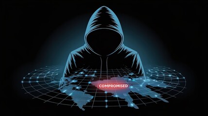 Digital Intrusion: A digital silhouette of a cloaked figure, representing a hacker, looms over a glowing map of the world. Red 'compromised' text suggests cybercrime.
