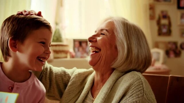 Elderly woman laughing while holding child indoors with warm light