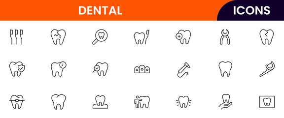 Dental vector web line icon collection, sleek illustrations of teeth, tools, and oral care for professional dental and health designs.
