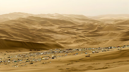 Vast desert landscape, numerous figures gathered in a valley nestled amongst rolling dunes