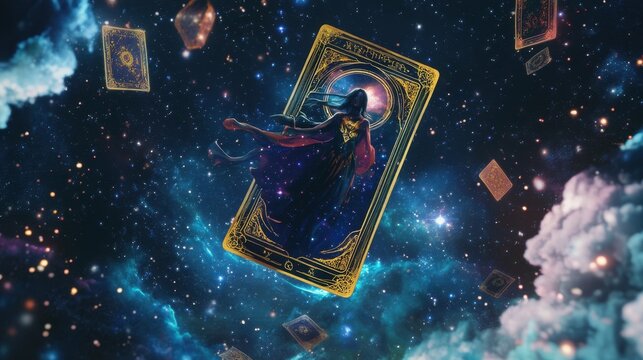 Enchanting tarot cards float among stars in an atmospheric cosmic illustration, creating a mystical feeling perfect for esoteric themes.