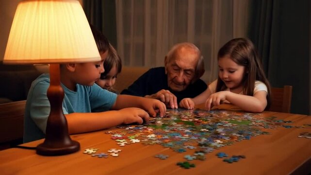 Kids and elderly man solving jigsaw puzzle under table lamp indoors at night. Concept of cognitive stimulation and family bonding
