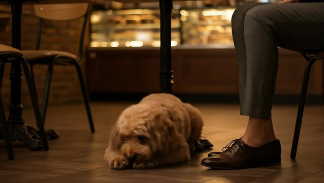 Cute fluffy cockapoo dog lying on floor in cozy cafe with its owner's feet nearby
