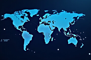 Obraz premium Blue glowing world map illustration on a dark blue background with connecting lines and small white dots representing data points