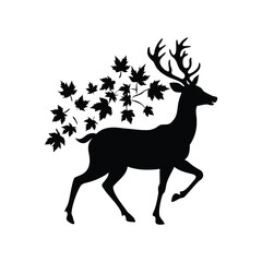 Elegant Black Silhouette of a Deer with Antlers and Autumn Leaves
