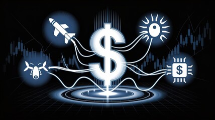 Dollar Sign in Futuristic Technology: A futuristic, luminescent dollar sign at the heart of innovation, with connected icons of technology, symbolises the financial embrace of modern advancements.
