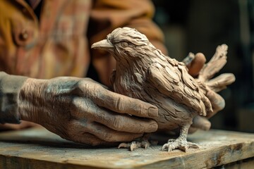 A sculptor's weathered hands delicately hold a clay bird sculpture, showcasing the artistry and detail.