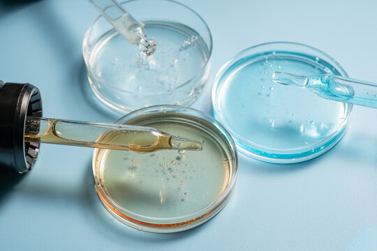 Cosmetic pipettes and petri dishes with liquid samples