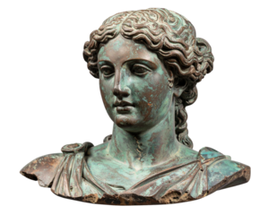  Fragmented Bronze Bust of Mythical Deity, Ancient Style, Isolated PNG