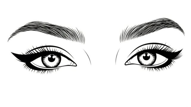 Detailed artistic rendering of two eyes with eyelashes eyebrows and eyeliner on a white background 4K Ai HD video.

