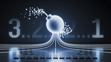Countdown: A visual representation of a digital countdown with a bomb as the central element, symbolizing anticipation, imminent event, and suspense.