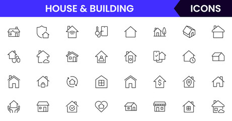 A clean vector icon set featuring home-related symbols like houses, keys, locks, and interiors, rentals, or smart home