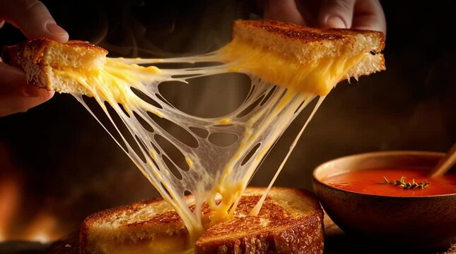 Hands pulling apart a gooey grilled cheese sandwich with a dramatic cheese pull. Slow motion. 4K.

