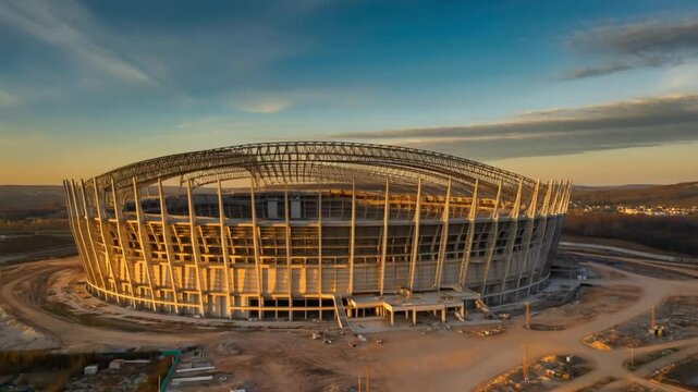 Modern stadium under construction at sunset with metal framework and golden light reflecting from curved roof. Concept of sports infrastructure