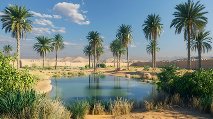 Oasis with palm trees, tranquil pond, and desert landscape. Lush greenery surrounds a serene pool amidst sand dunes. Sunny day with light clouds
