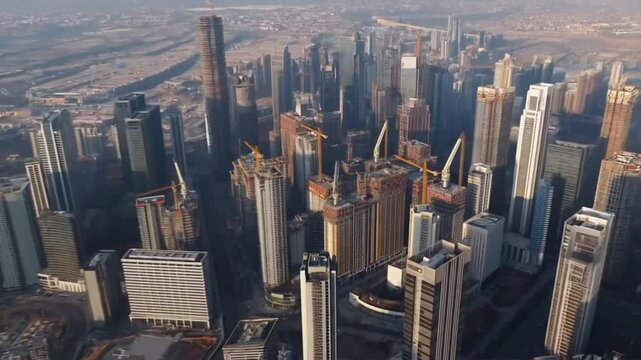 Dense cluster of high-rise buildings in sandy urban environment with golden light highlighting skyscraper tops. Concept of mega city density