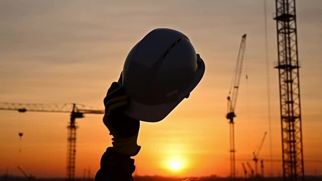 Construction worker holding helmet high at sunset with crane silhouettes on horizon, celebrating progress. Concept of pride in industrial work