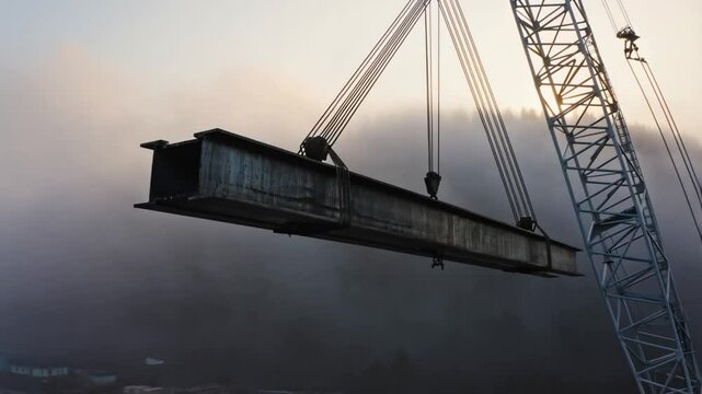 Steel bridge segment being lifted by crane into place through misty atmosphere, workers visible atop the structure. Concept of civil engineering and scale