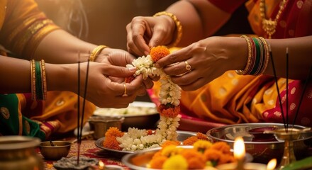 An  woman creates a flower garland using bright yellow marigold flowers, highlighting traditional craftsmanship and cultural heritage of India in a cozy setting. Diwali, Pongal, Durga, Vishnu
