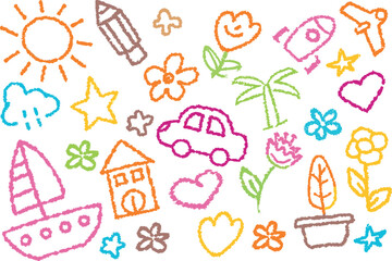 Fototapeta premium Collection of colorful crayon drawings of children s favorite objects and nature elements