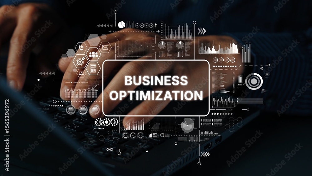 Poster hands typing on a keyboard with business optimization graphics and data analytics overlays in a mode