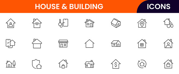 A clean vector icon set featuring home-related symbols like houses, keys, locks, and interiors, rentals, or smart home