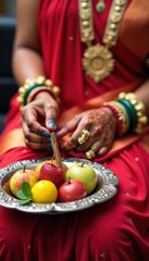 close up of female hands with mehndi with traditional Indian decorations holding plate with offering for deity, metal plate with fruits and sweets on religious festival in India