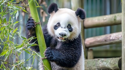 Fototapeta premium Panda eating bamboo in zoo enclosure