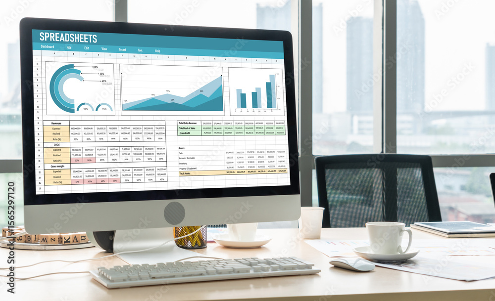 Poster spreadsheet document information financial startup concept. data and graphs in spreadsheet documents